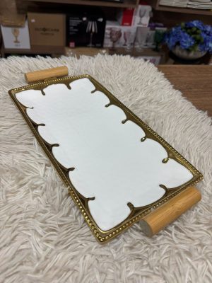 Bandeja Decorativa Retangular com Alças de Bambu e Detalhes Dourados